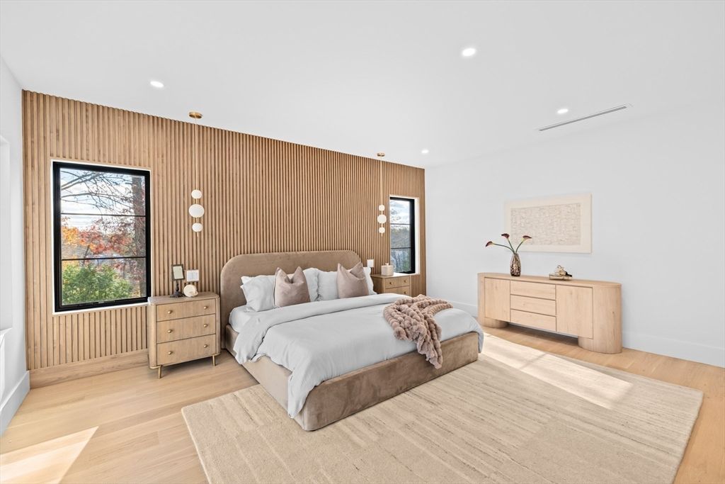 Bedroom, Interior, Recessed Lighting, Wood Texture Flooring, Wooden Walls