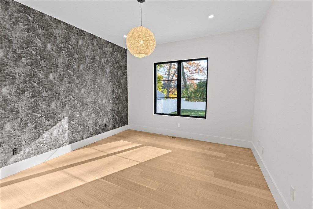 Empty room, Interior, Pendant Lights, Recessed Lighting, Wood Texture Flooring