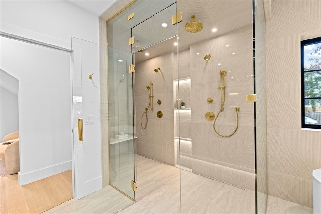 Bathroom, Glass Shower, Interior, Recessed Lighting, Wood Texture Flooring