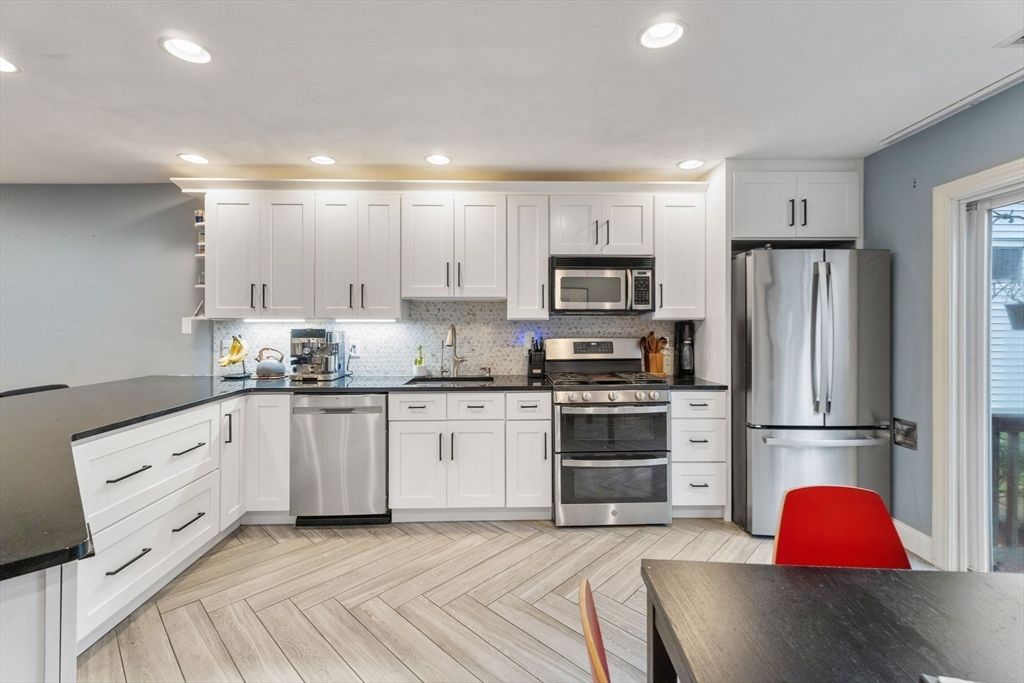 Interior, Kitchen, Recessed Lighting, Stainless Steel Appliances, Wood Texture Flooring