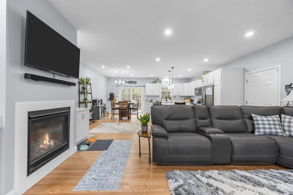 Dining room, Fireplace, Interior, Kitchen, Living room, Pendant Lights, Recessed Lighting, Wood Texture Flooring