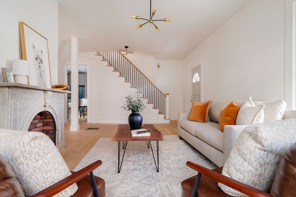 Fireplace, Interior, Living room, Pendant Lights, Wood Texture Flooring