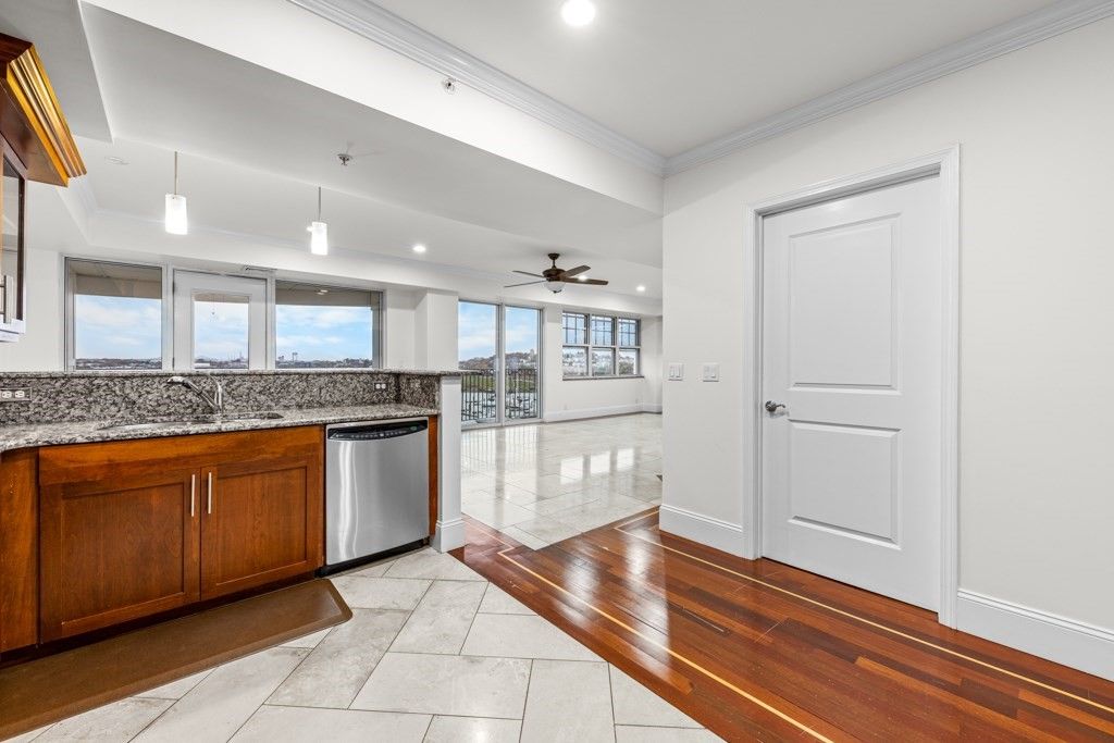 Interior, Kitchen, Marble, Pendant Lights, Recessed Lighting, Wood Texture Flooring