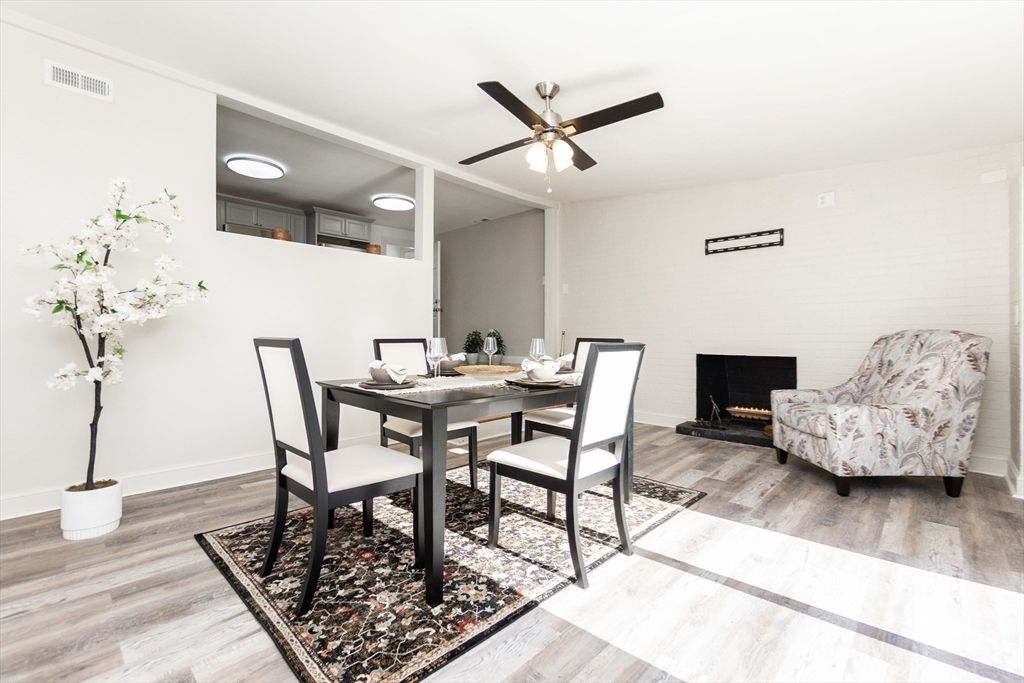 Dining room, Fireplace, Interior, Wood Texture Flooring