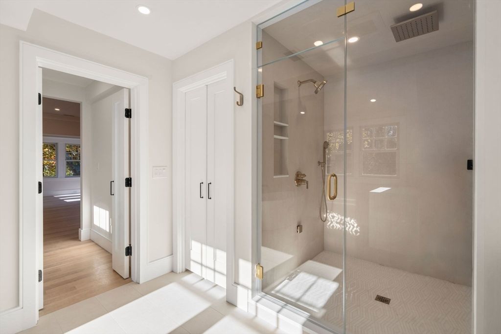 Bathroom, Glass Shower, Interior, Recessed Lighting, Wood Texture Flooring