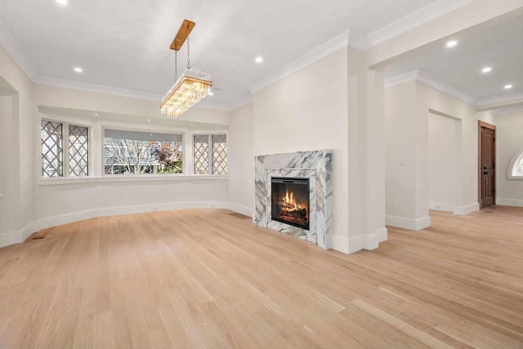 Empty room, Fireplace, Interior, Pendant Lights, Recessed Lighting, Wood Texture Flooring