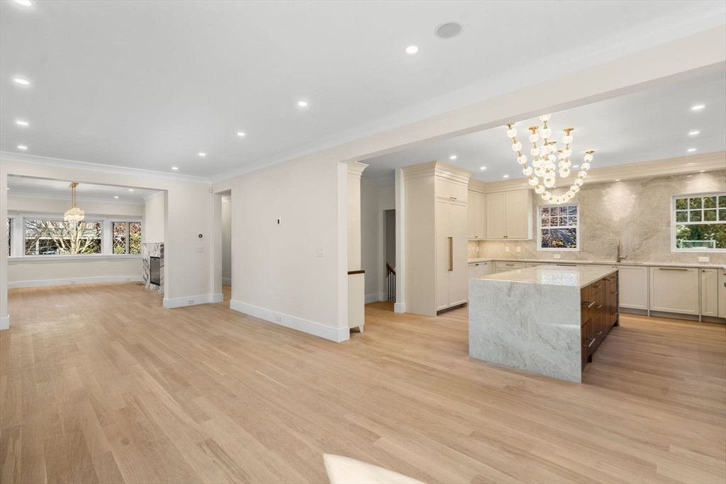 Chandelier, Interior, Kitchen, Pendant Lights, Recessed Lighting, Wood Texture Flooring