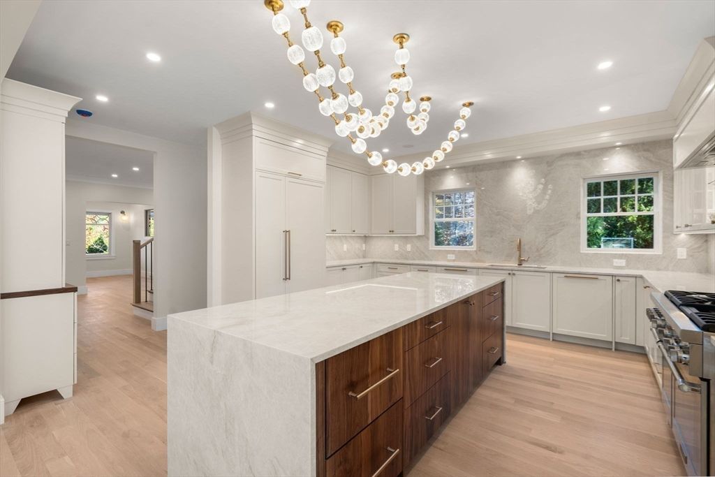 Chandelier, Interior, Kitchen, Recessed Lighting, Stainless Steel Appliances, Wood Texture Flooring