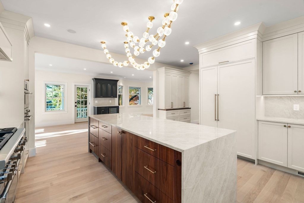 Chandelier, Interior, Kitchen, Recessed Lighting, Stainless Steel Appliances, Wood Texture Flooring
