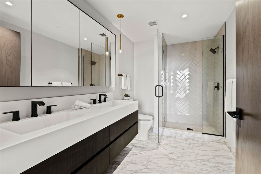 Bathroom, Dual Sink Vanities, Glass Shower, Interior, Marble, Recessed Lighting