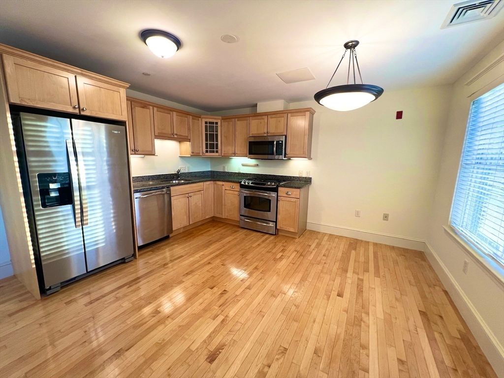 Interior, Kitchen, Pendant Lights, Stainless Steel Appliances, Wood Texture Flooring