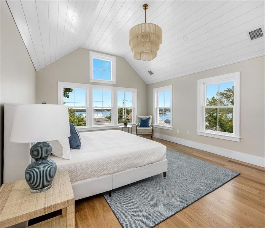 Bedroom, Interior, Pendant Lights, Water, Wood Texture Flooring