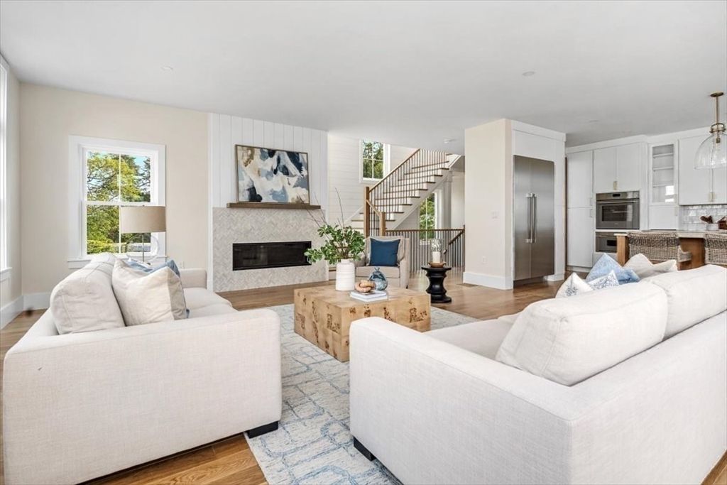 Fireplace, Interior, Kitchen, Living room, Pendant Lights, Recessed Lighting, Stainless Steel Appliances, Wood Texture Flooring