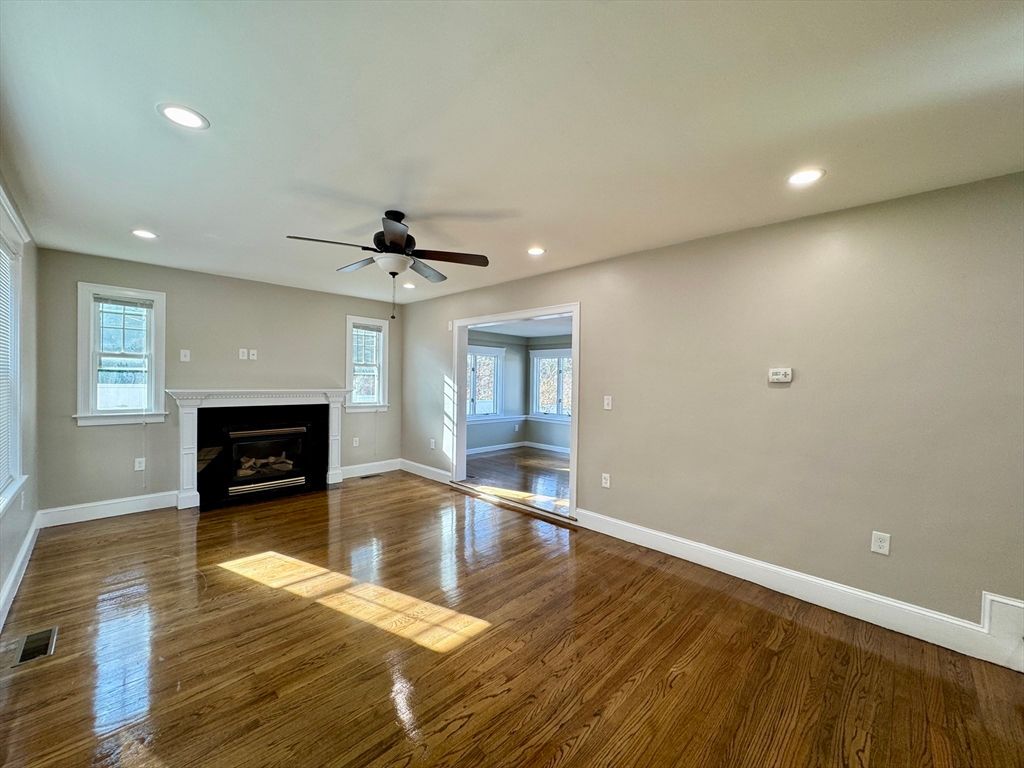 Empty room, Fireplace, Interior, Recessed Lighting, Wood Texture Flooring