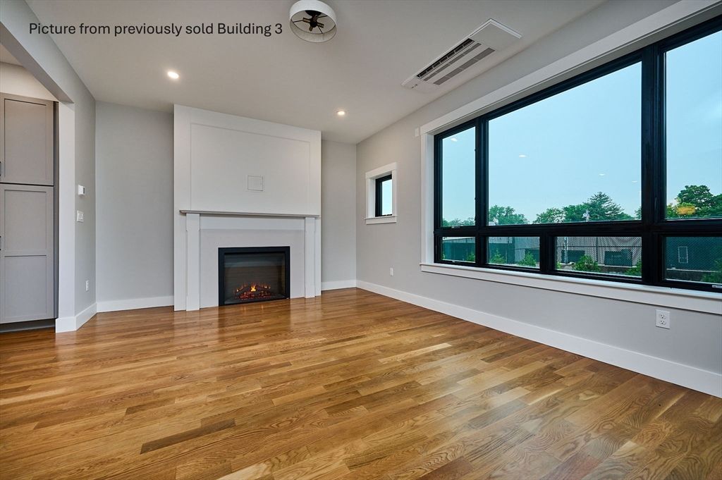 Empty room, Fireplace, Interior, Recessed Lighting, Wood Texture Flooring