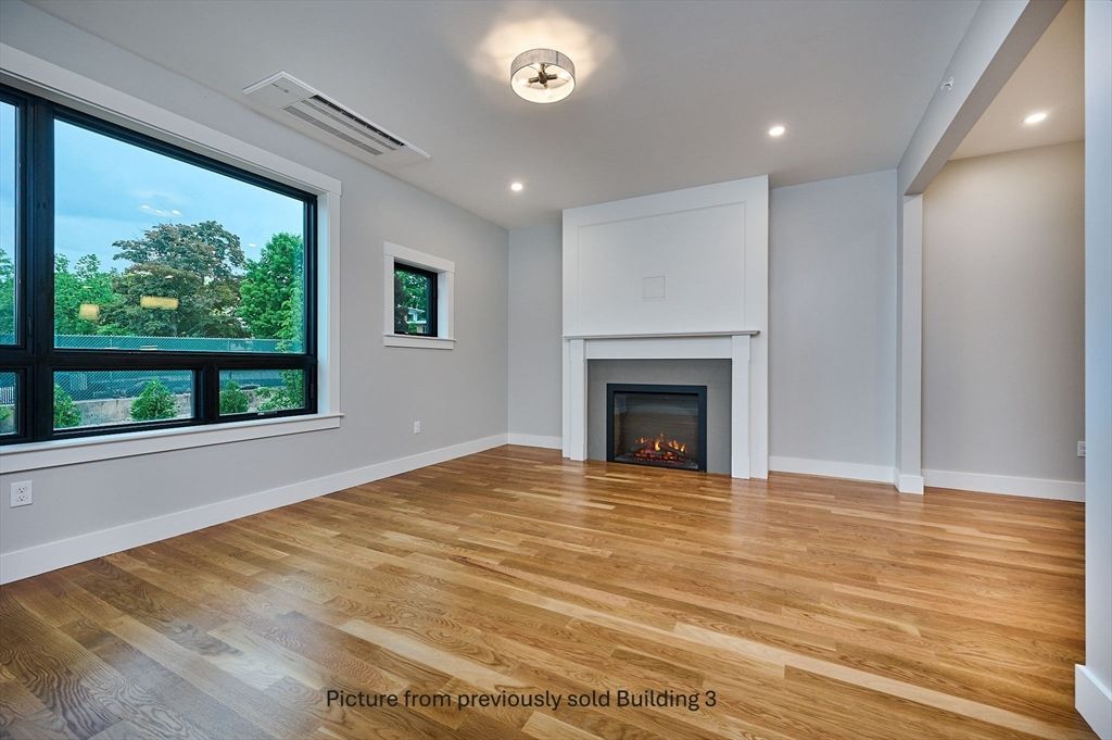 Empty room, Fireplace, Interior, Recessed Lighting, Wood Texture Flooring