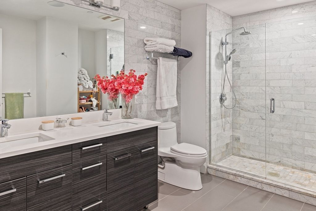 Bathroom, Glass Shower, Interior, Marble Walls, Recessed Lighting