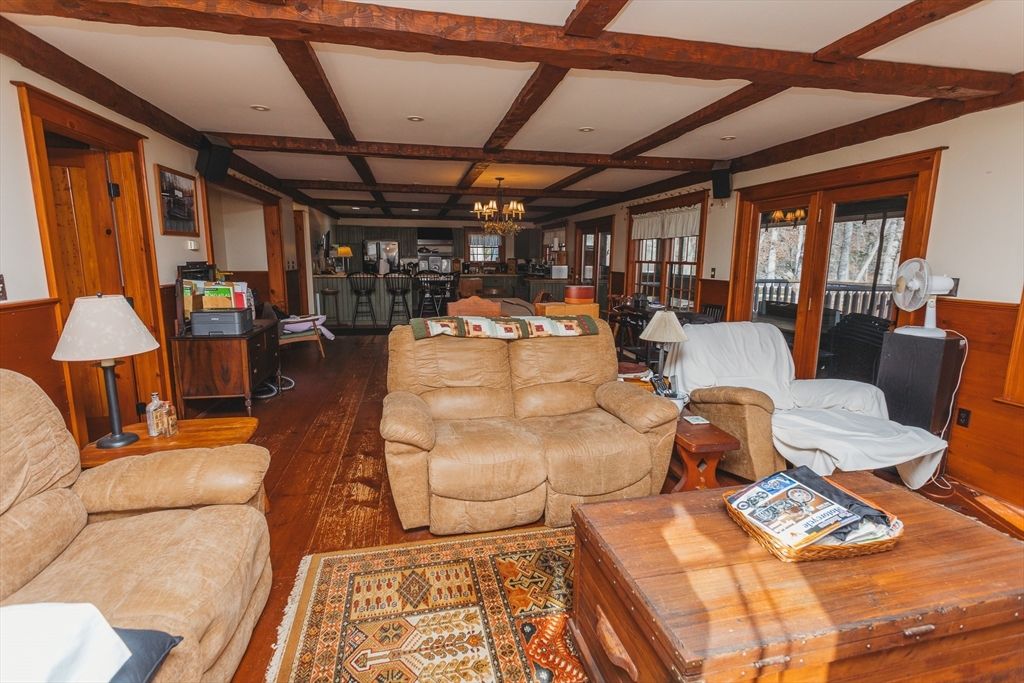 Chandelier, Dining room, Interior, Kitchen, Living room, Recessed Lighting, Wooden Beams, Wood Texture Flooring
