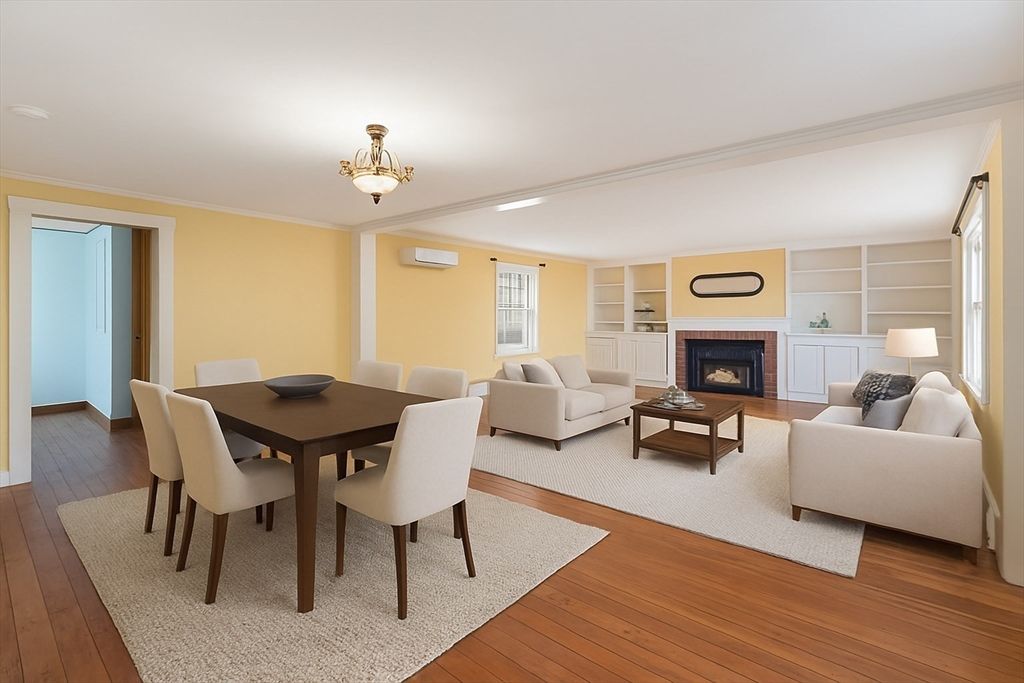 Dining room, Fireplace, Interior, Living room, Wood Texture Flooring