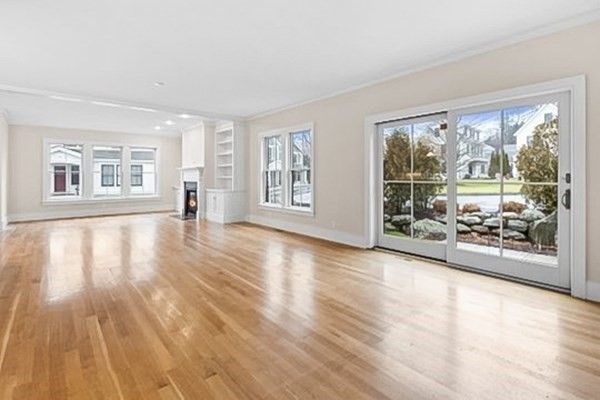 Empty room, Fireplace, Interior, Recessed Lighting, Wood Texture Flooring