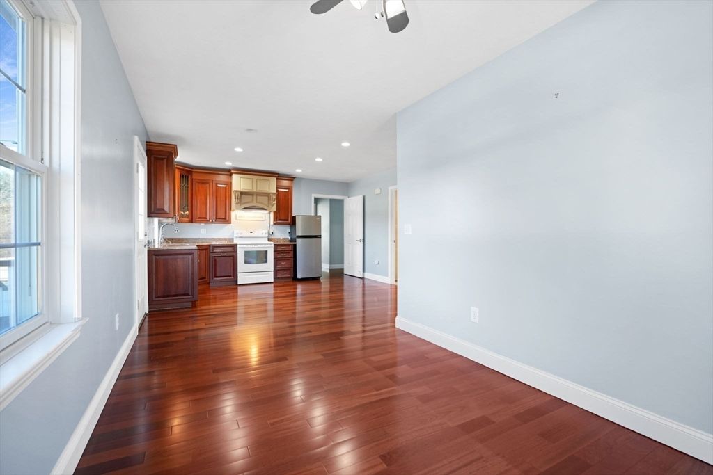 Empty room, Interior, Kitchen, Recessed Lighting, Wood Texture Flooring
