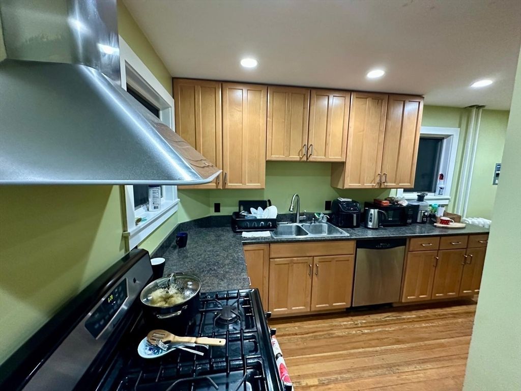 Interior, Kitchen, Recessed Lighting, Stainless Steel Appliances, Wood Texture Flooring