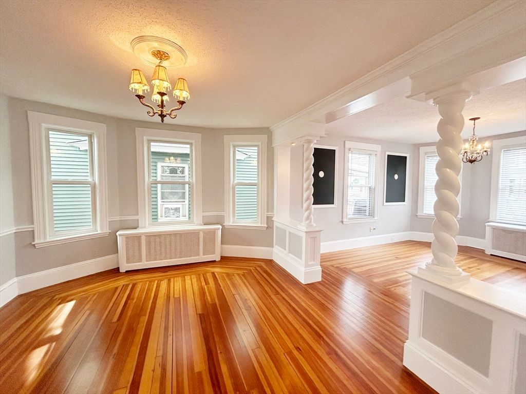 Chandelier, Empty room, Interior, Wood Texture Flooring