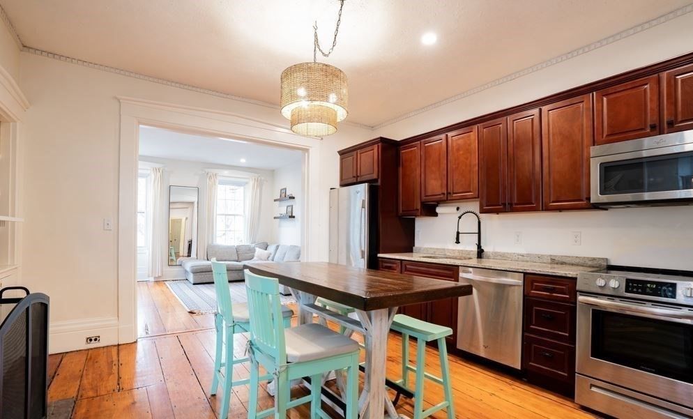 Chandelier, Dining room, Interior, Kitchen, Living room, Recessed Lighting, Stainless Steel Appliances, Wood Texture Flooring