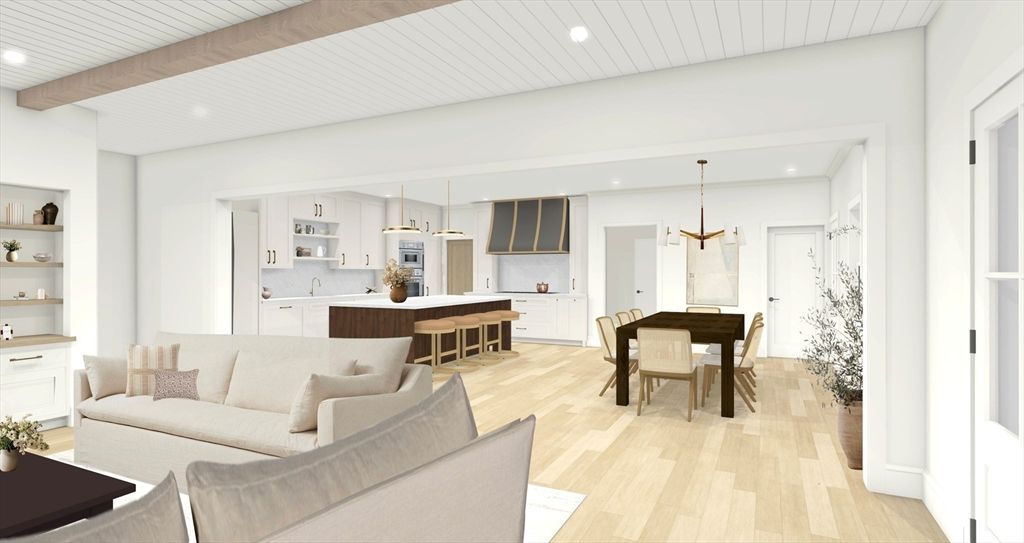 Dining room, Interior, Kitchen, Living room, Pendant Lights, Recessed Lighting, Wooden Beams, Wood Texture Flooring