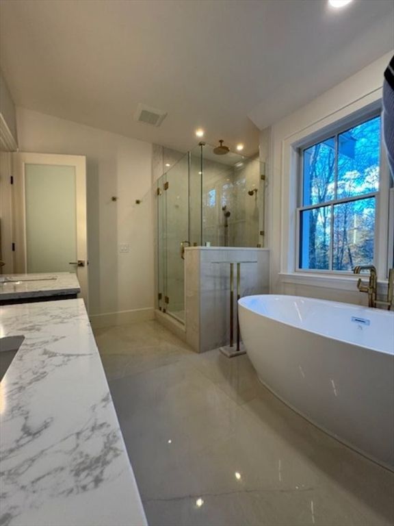 Bathroom, Free Standing Baths, Glass Shower, Interior, Marble, Recessed Lighting