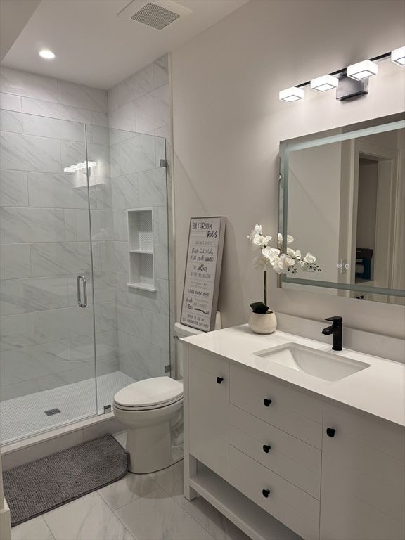 Bathroom, Glass Shower, Interior, Marble, Marble Walls, Recessed Lighting