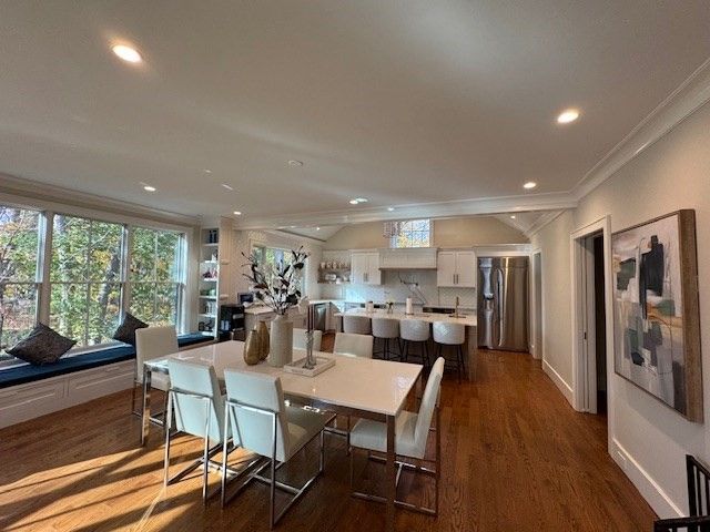 Dining room, Interior, Kitchen, Recessed Lighting, Stainless Steel Appliances, Wood Texture Flooring