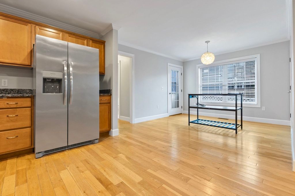 Chandelier, Interior, Kitchen, Stainless Steel Appliances, Wood Texture Flooring