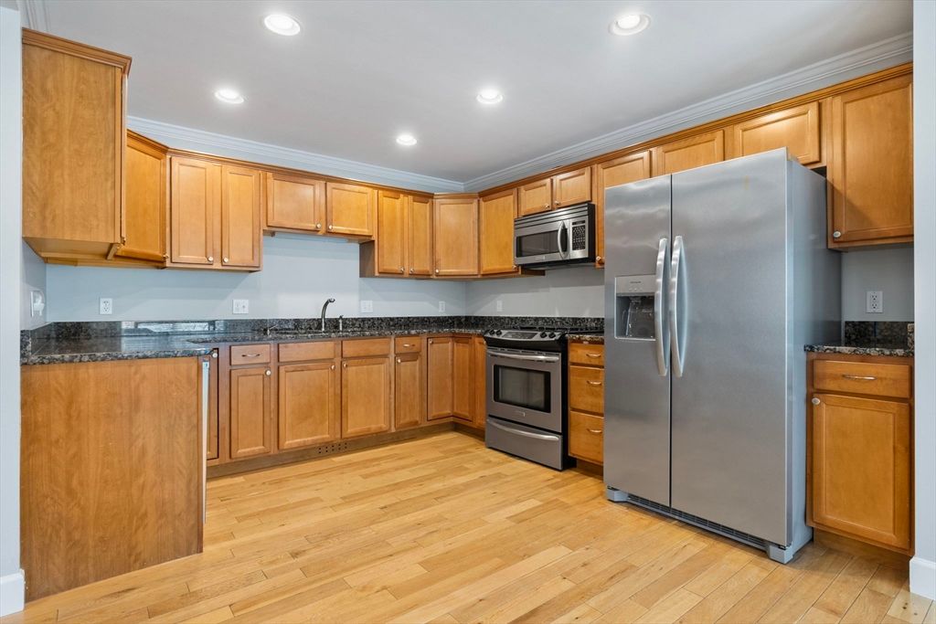 Interior, Kitchen, Recessed Lighting, Stainless Steel Appliances, Wood Texture Flooring