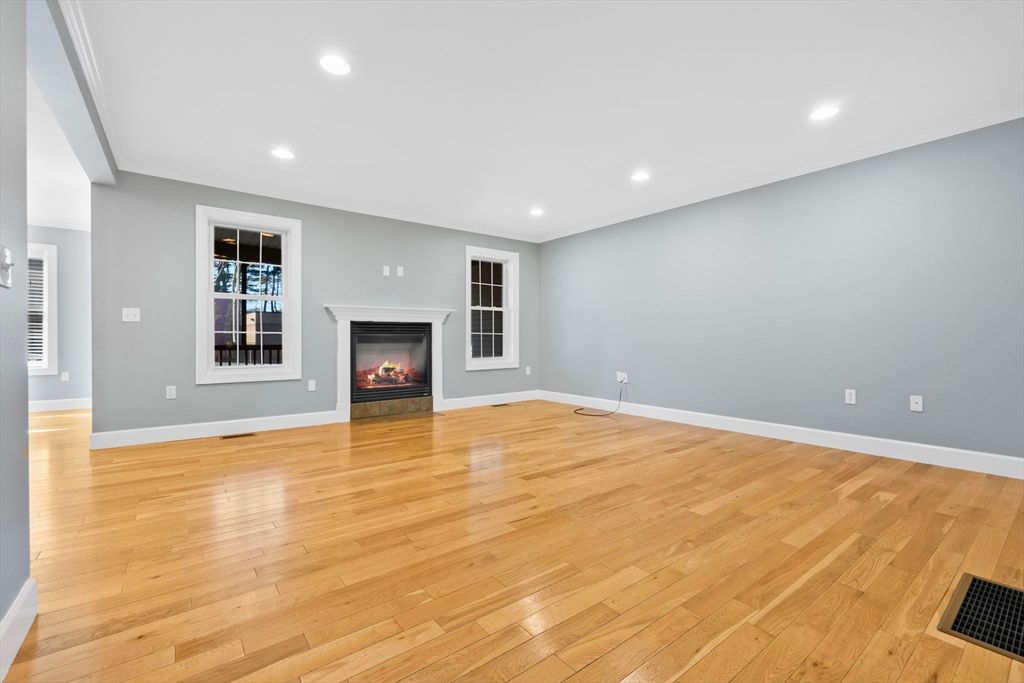 Empty room, Fireplace, Interior, Recessed Lighting, Wood Texture Flooring