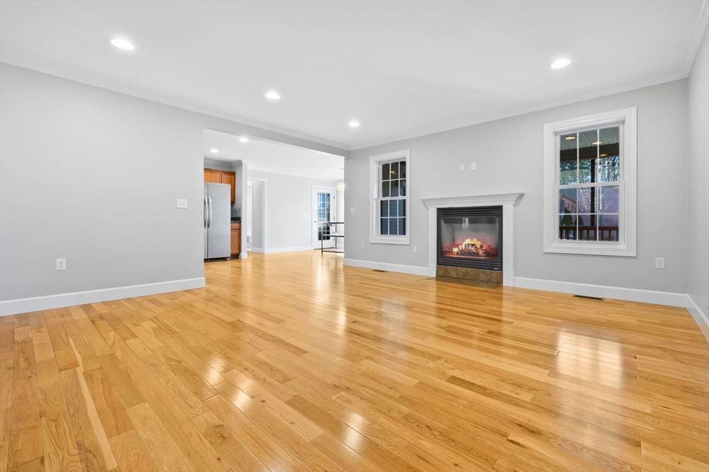 Empty room, Fireplace, Interior, Recessed Lighting, Wood Texture Flooring