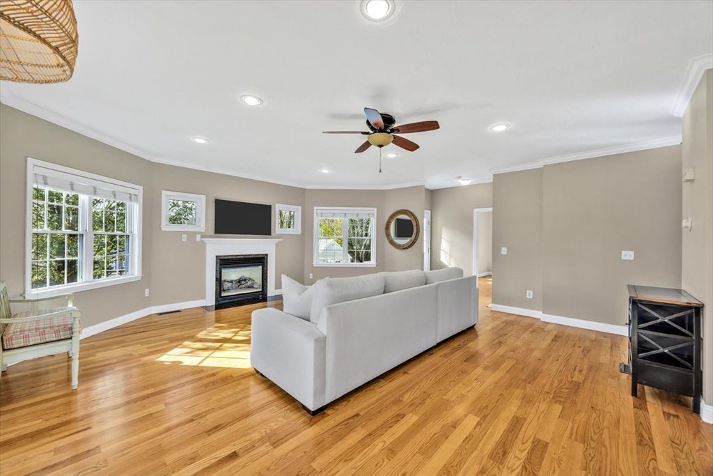 Fireplace, Interior, Living room, Recessed Lighting, Wood Texture Flooring