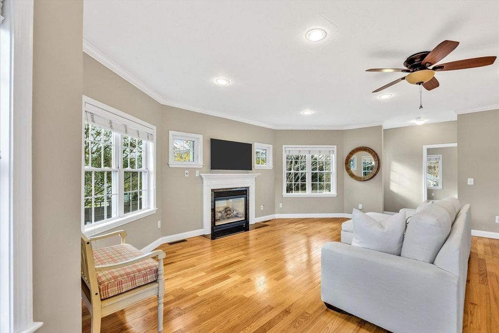 Fireplace, Interior, Living room, Recessed Lighting, Wood Texture Flooring