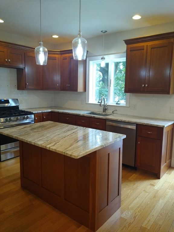 Interior, Kitchen, Pendant Lights, Recessed Lighting, Stainless Steel Appliances, Wood Texture Flooring