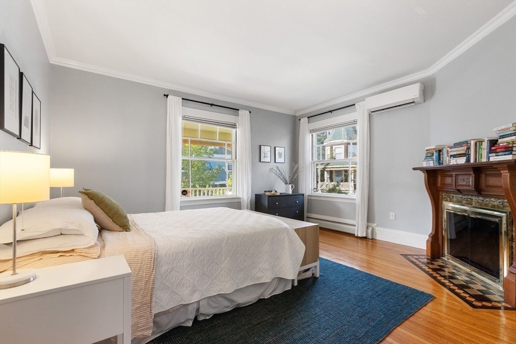 Bedroom, Fireplace, Interior, Wood Texture Flooring
