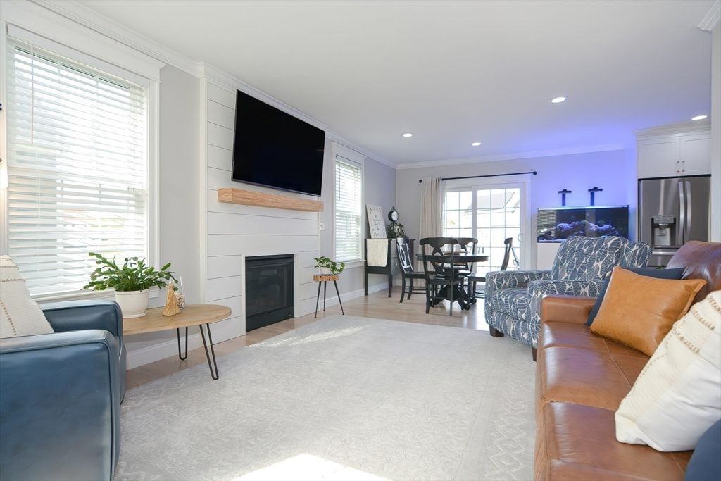 Dining room, Fireplace, Interior, Kitchen, Living room, Recessed Lighting, Wood Texture Flooring