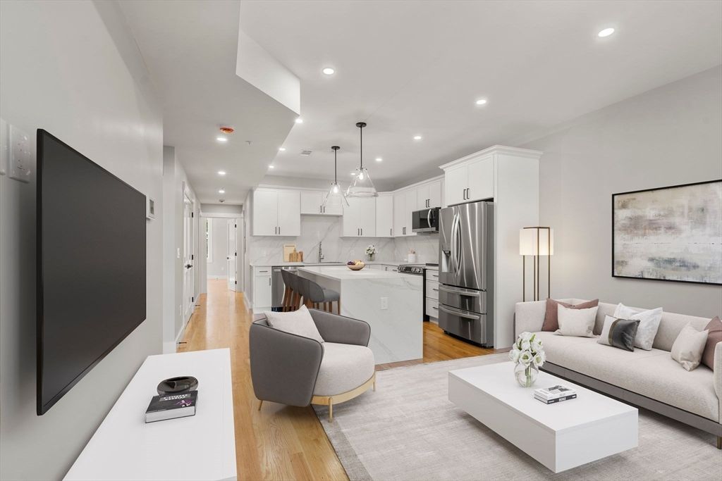 Interior, Kitchen, Living room, Pendant Lights, Recessed Lighting, Stainless Steel Appliances, Wood Texture Flooring