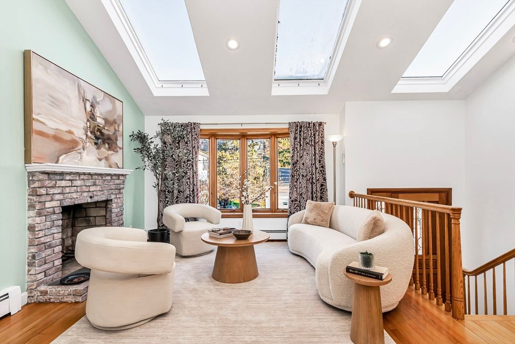 Fireplace, Interior, Living room, Recessed Lighting, Wood Texture Flooring