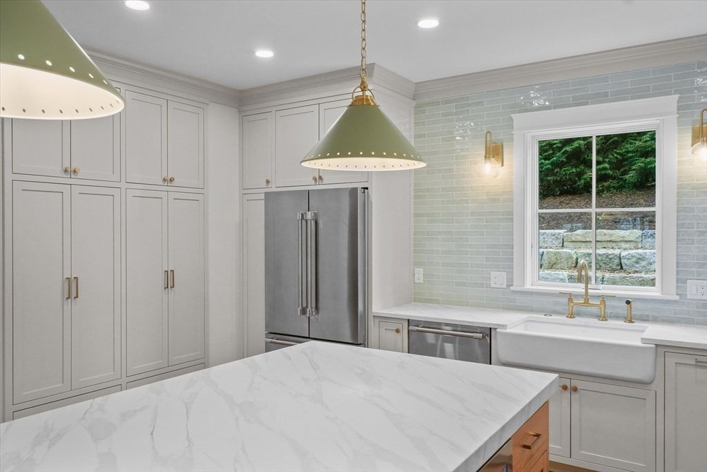 Interior, Kitchen, Marble, Pendant Lights, Recessed Lighting, Stainless Steel Appliances, Stone Walls