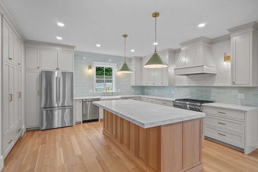 Interior, Kitchen, Pendant Lights, Recessed Lighting, Stainless Steel Appliances, Wood Texture Flooring