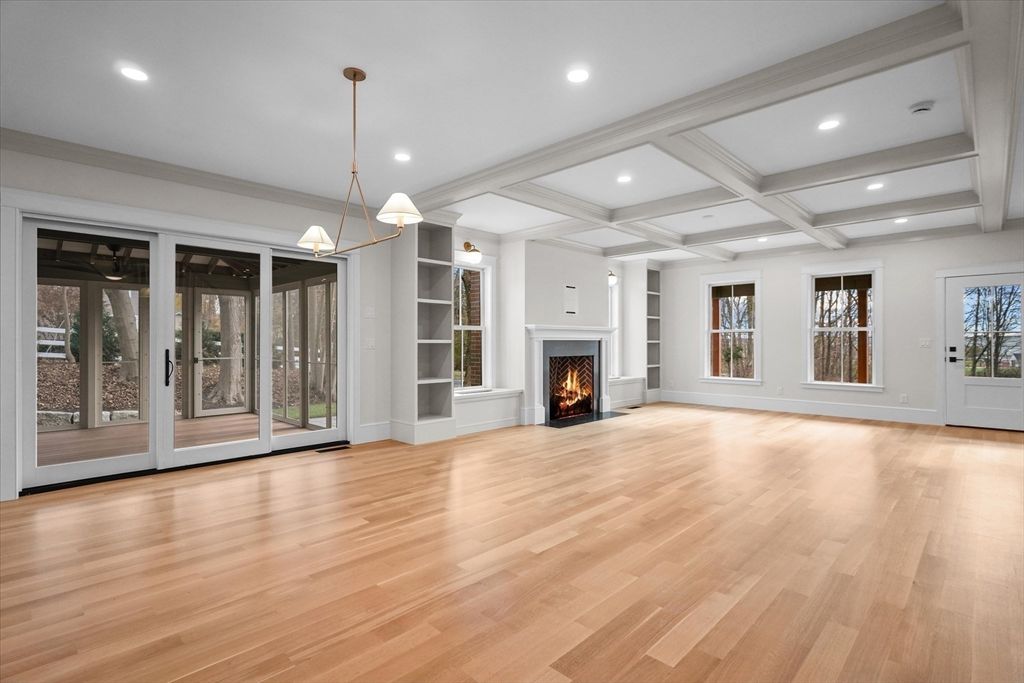 Empty room, Fireplace, Interior, Pendant Lights, Recessed Lighting, Wood Texture Flooring