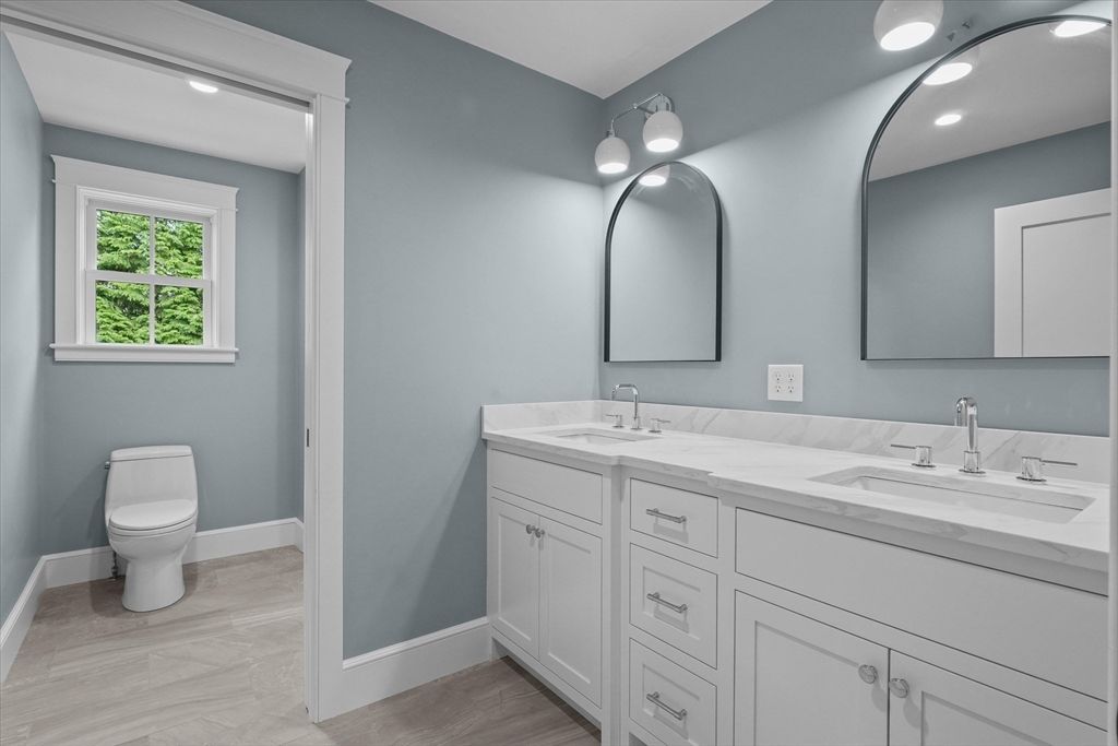 Bathroom, Dual Sink Vanities, Interior, Recessed Lighting, Wood Texture Flooring