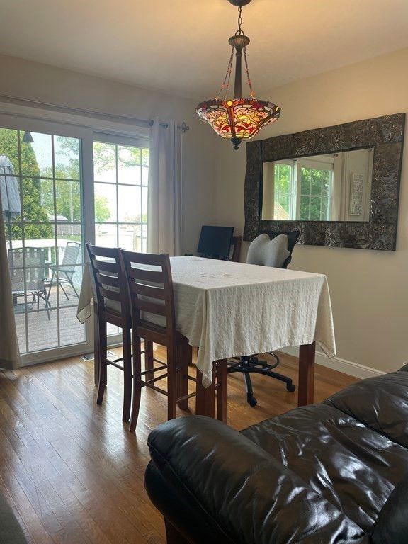 Dining room, Interior, Pendant Lights, Wood Texture Flooring