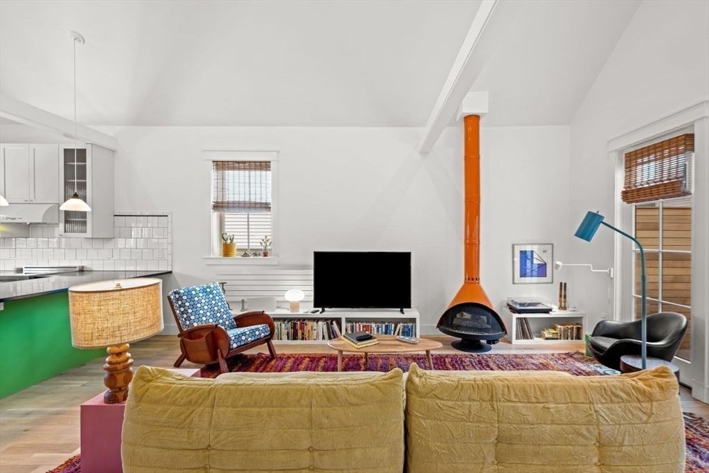 Fireplace, Interior, Living room, Pendant Lights, Wood Texture Flooring