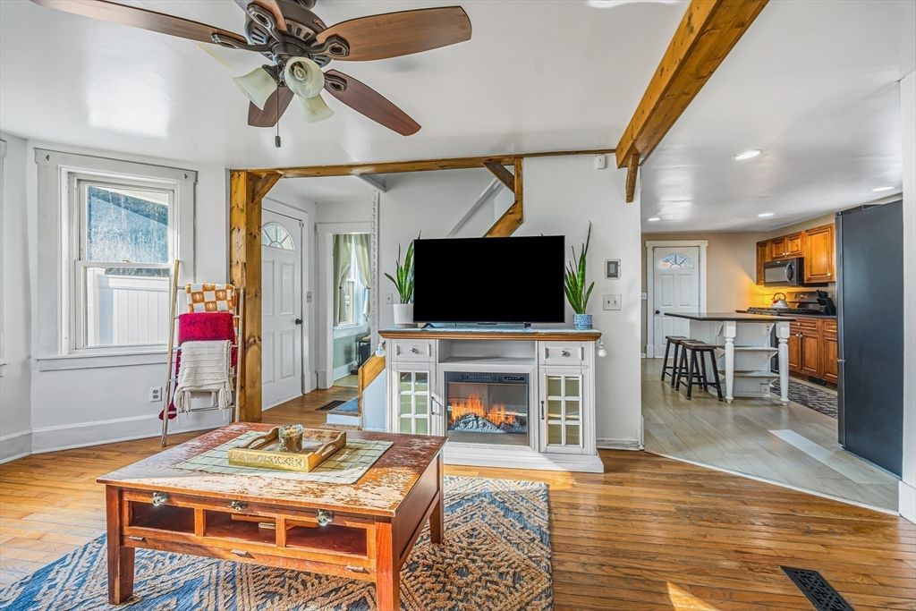 Fireplace, Interior, Kitchen, Recessed Lighting, Wooden Beams, Wood Texture Flooring